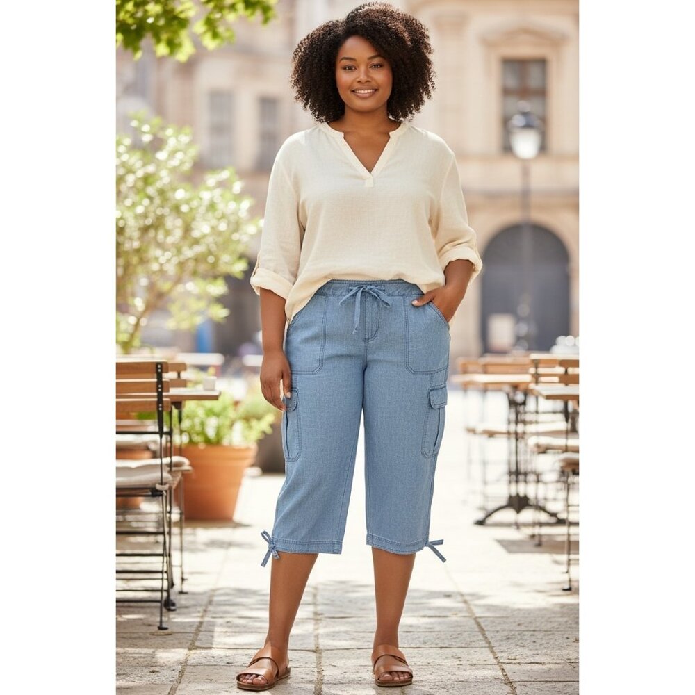 St. John's Bay Chambray Cargo Capri Lightweight Casual 100% Cotton Pants 20W NWT